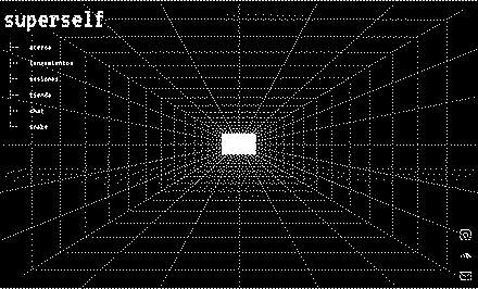 The superself.online interface, a white wireframe corridor drawn in one-point perspective on black, with a text menu at the top left.